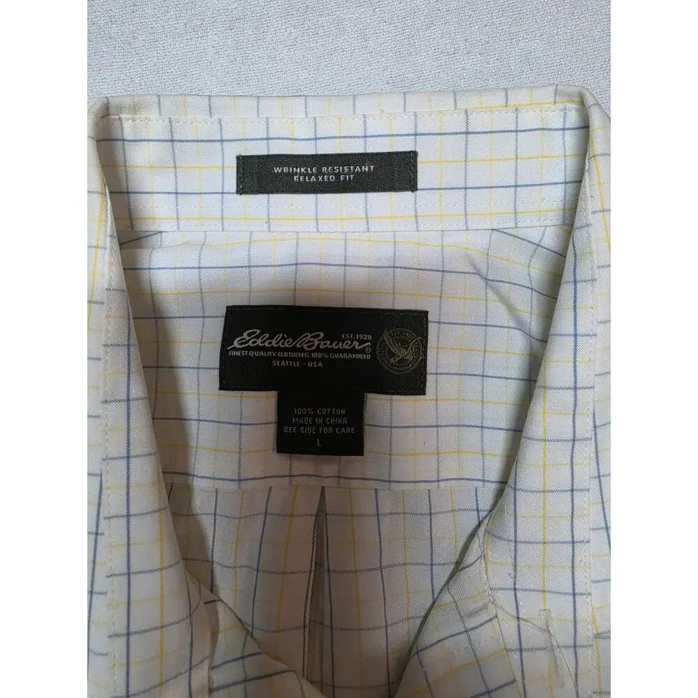 Eddie Bauer Men’s L Wrinkle Resistant Relaxed Fit Plaid Button Down Shirt Cotton